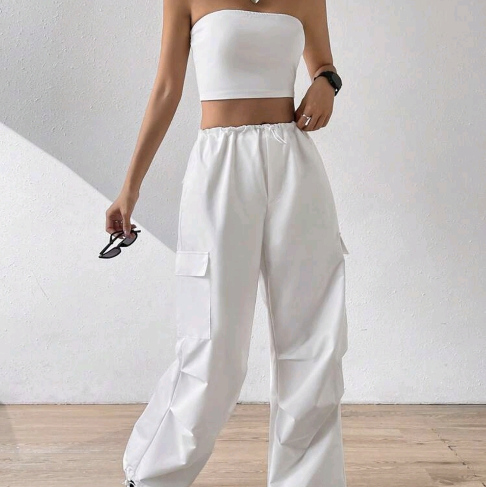 NEW White Set Cargo Pants & Tube Crop Top size M